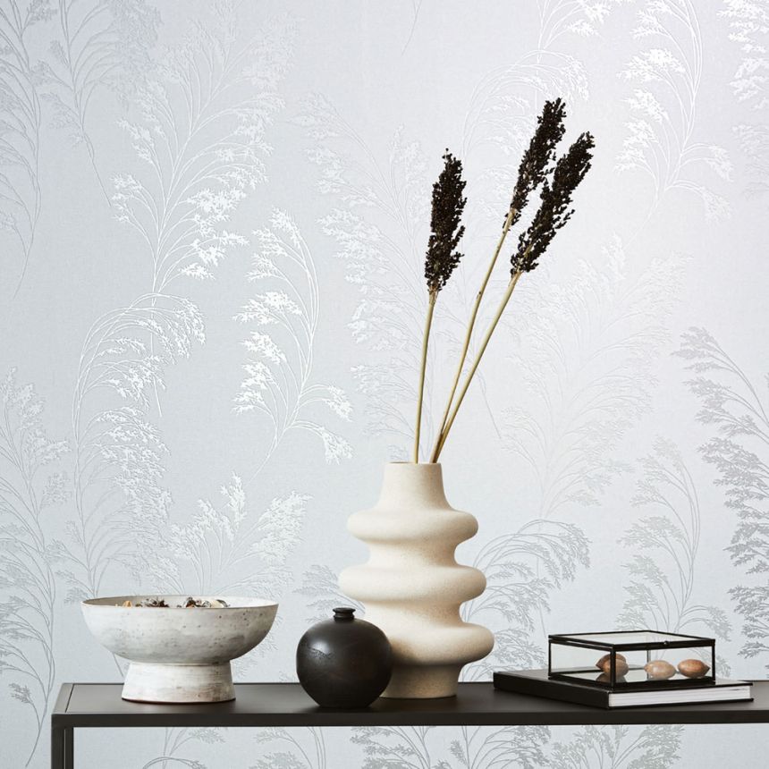 Vliestapete, weiß-grau, silber, Blüten, Blätter, S 82342, Bestseller Basic 1, Marburg