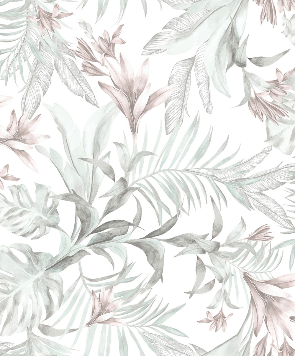 Tapete mit Blättern und Blüten, grau, rosa, 89051, Pia, Novamur