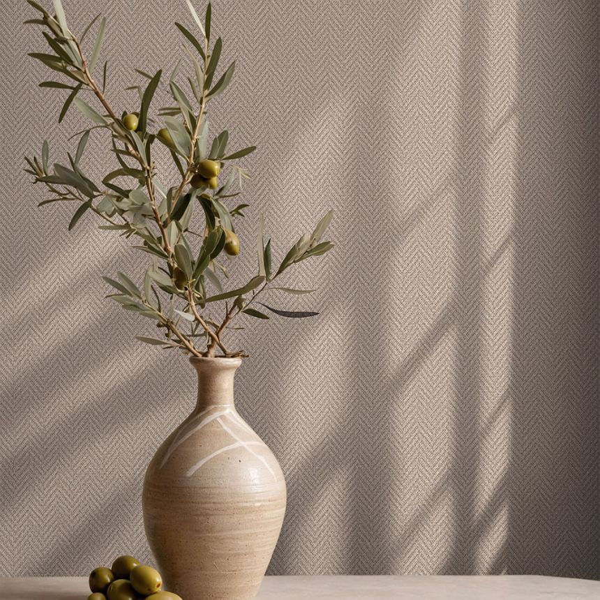Tapeta imitující látku se vzorem rybí kosti, krémovo-béžová, hnědá, 37006, Camargue, Marburg