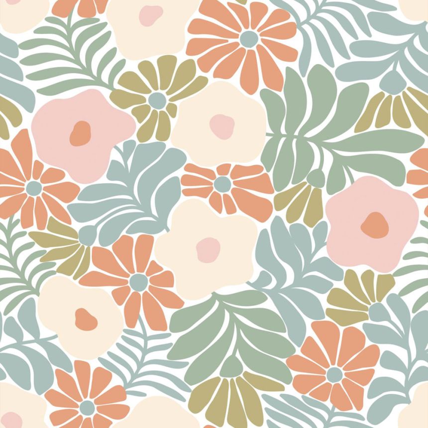 Tapete mit Blumen und Blättern, grau-blau, orange, 131004, Color Pop, Esta Home