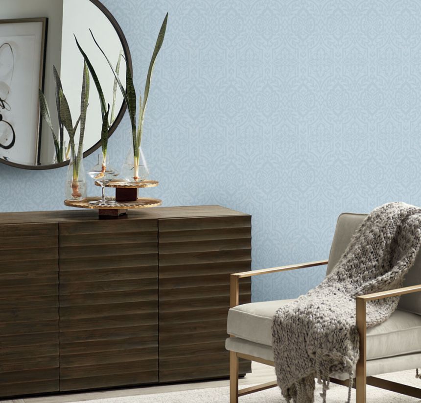 Hellblaue, vorgeklebte Tapete mit Ornamenten DM5033, Damask, York