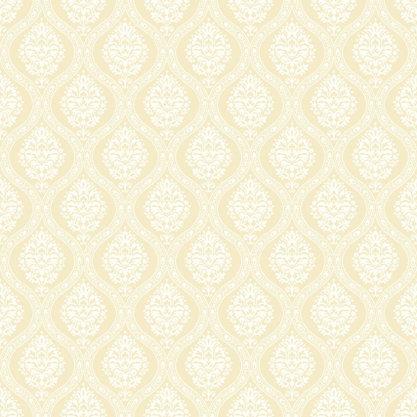 Gelbe vorgeklebte Tapete, weißes Damastmuster DM5029, Damask, York