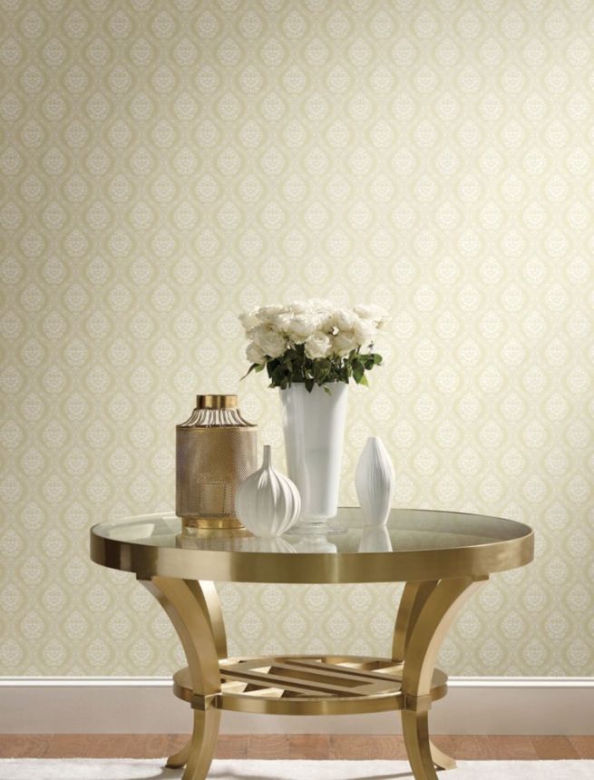 Gelbe vorgeklebte Tapete, weißes Damastmuster DM5029, Damask, York
