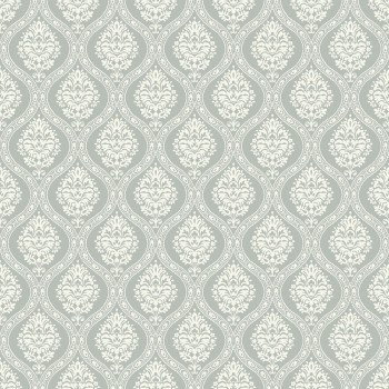 Grau-grüne vorgeklebte Tapete, weißes Damastmuster DM5028, Damask, York