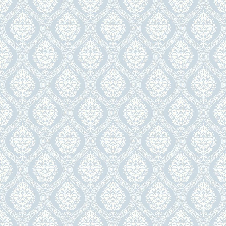 Hellblaue, vorgeklebte Tapete, weißes Damastmuster DM5026, Damask, York