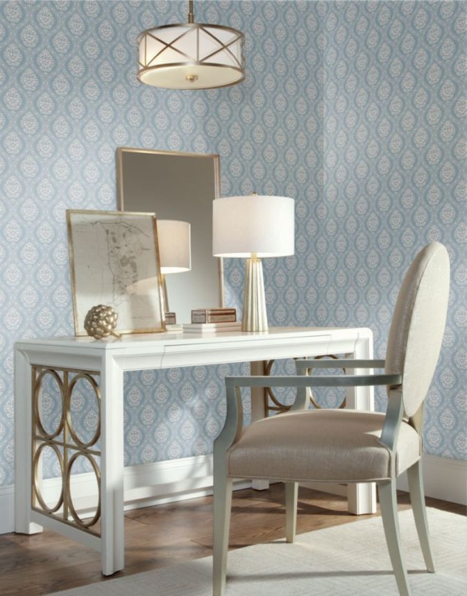Hellblaue, vorgeklebte Tapete, weißes Damastmuster DM5026, Damask, York