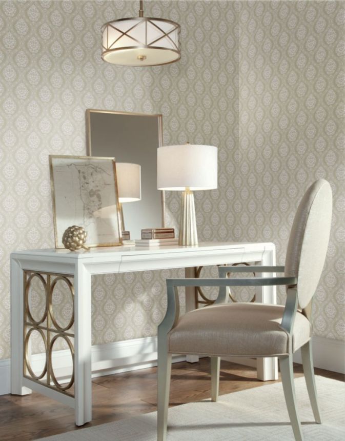 Beige vorgeklebte Tapete, weißes Damastmuster DM5025, Damask, York