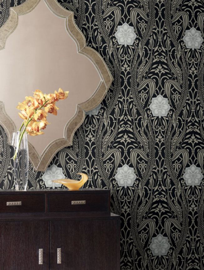 Schwarze vorgeklebte Tapete -Ornamenten DM4995, Damask, York