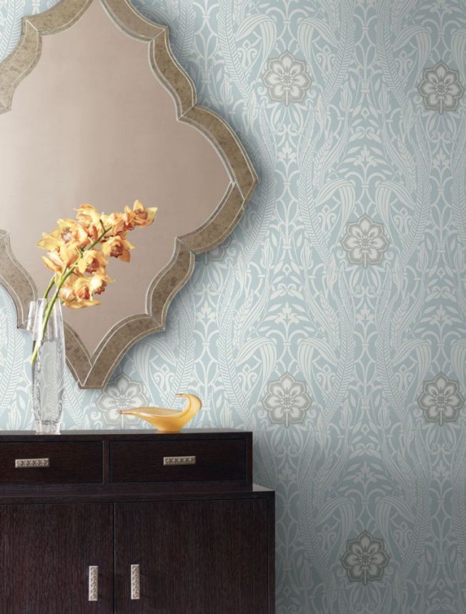 Blau-weiße, vorgeklebte Tapete - Ornamente DM4991, Damask, York