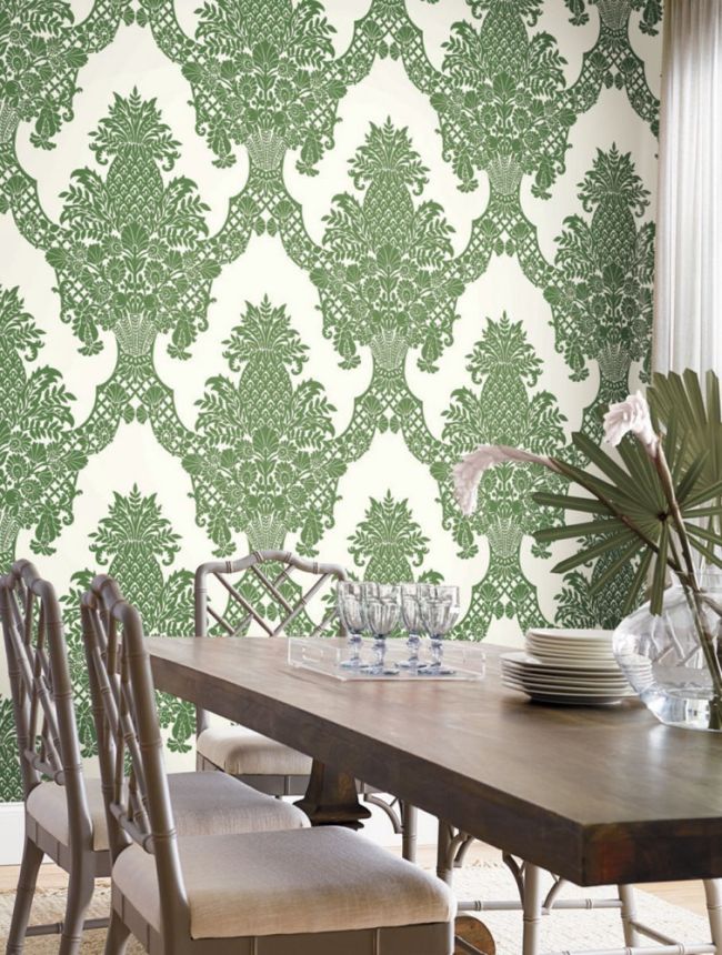 Grün-weiße vorgeklebte Tapete, Ornamenten DM4976, Damask, York