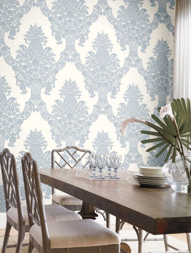 Blau-weiße vorgeklebte Tapete, Ornamenten DM4974, Damask, York